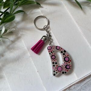 New Pink Polka Dot Letter D Keychain with Tassel